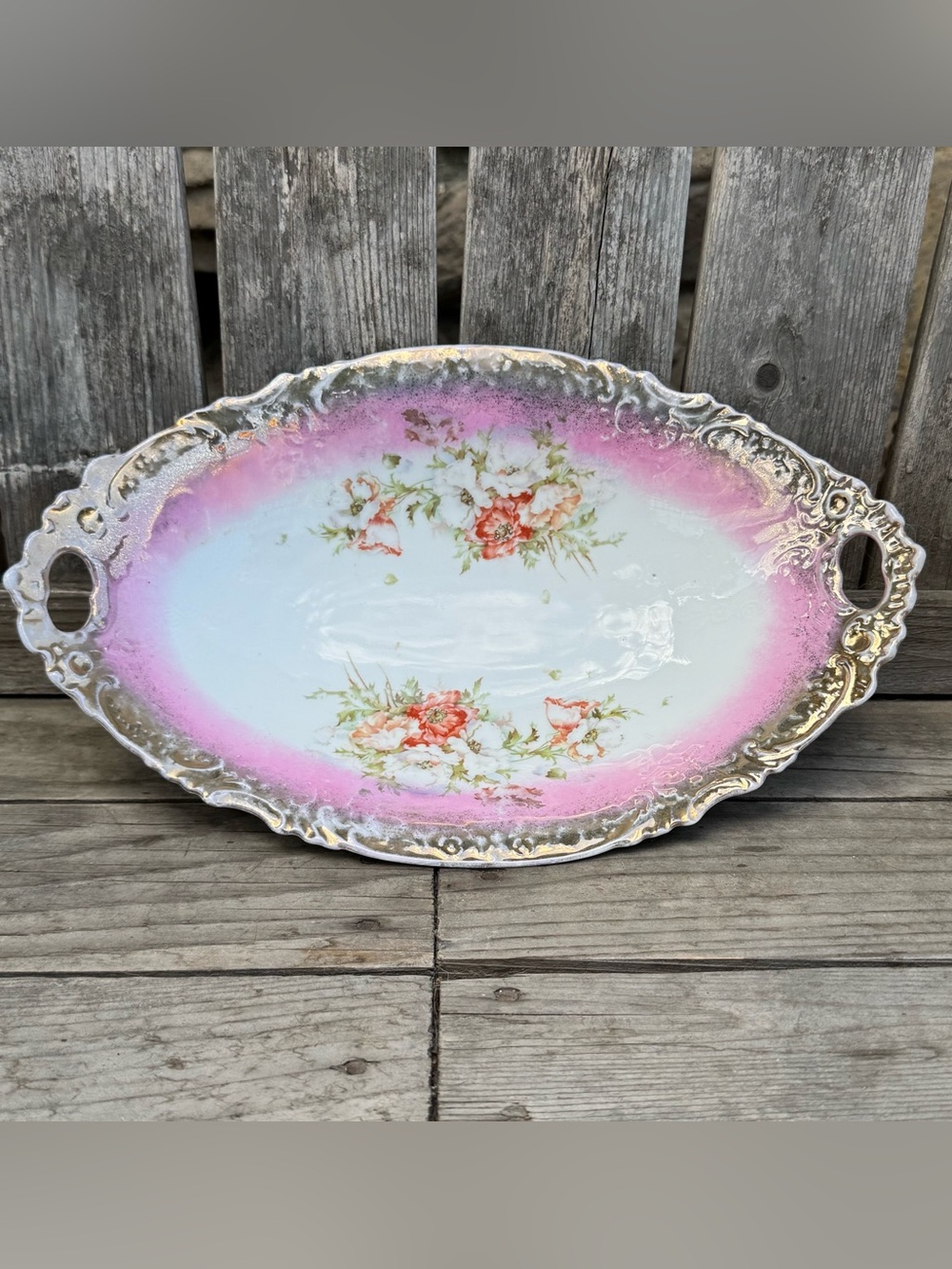 Antique Victorian Porcelain Floral Serving Dish Tray – Gilded Pink & Orange